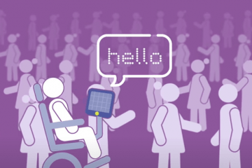 Representation of a person in a wheelchair using assistive technology to communicate with a group of people around them.