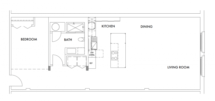 Layout of a one bedroom home with lounge, dining and kitchen open plan that leads to a hallway with the bathroom and bedroom off to the side.