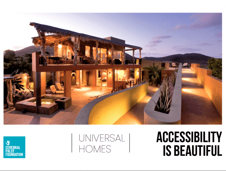 Cover of CPF Universal Homes Accessibility is Beautiful Look Book featuring CPF logo and photo of home lit at dusk with outside ramp