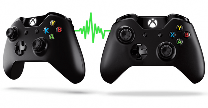 Photo of two xbox controllers connected by a green squiggly line.