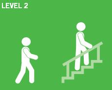 Illustration showing person needing to hold onto a rail when walking up stairs