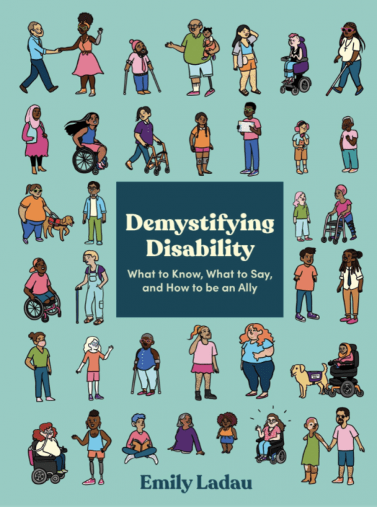 Book Cover: Demystifying Disability drawings of a variety of people over a blue background