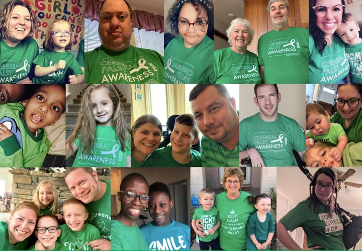 Collage of individuals and families with cerebral palsy wearing green t-shirts that say go green for CP
