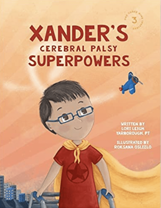 Xander's Cerebral Palsy Superpower's with illustration of boy brown hair and blue glasses in superhero clothing