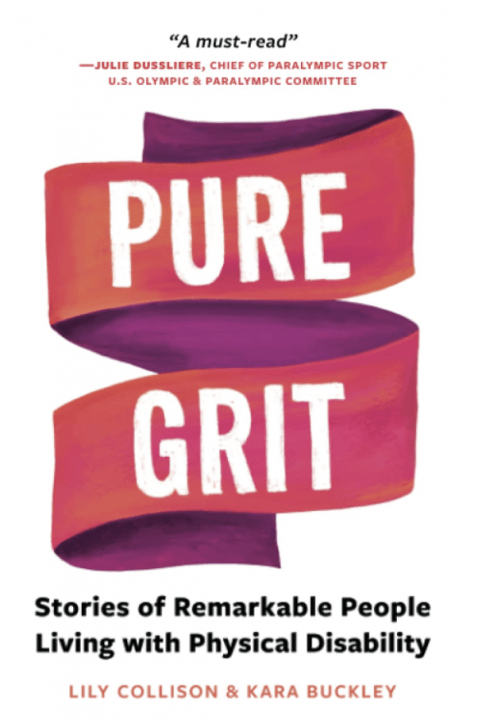 Pure Grit Book cover written in white over a red ribbon