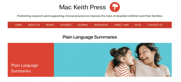 MacKieth Press Plain Language Summaries Web Page with a picture of two children hugging on the top right.