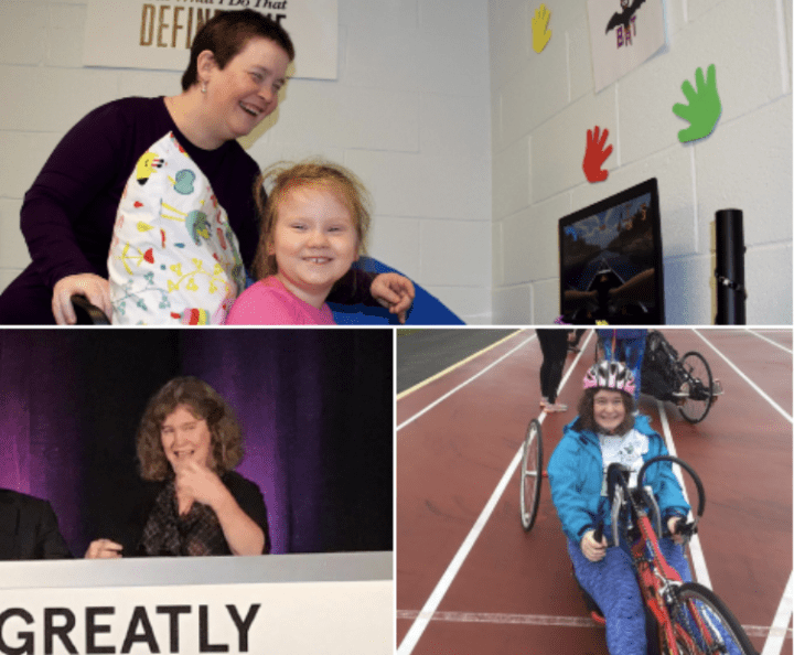 Collage of Dr. Kathleen Friel, from top walking with a young girl in a gait trainer, bottom right riding a recumbent bike and bottom right, giving a speech