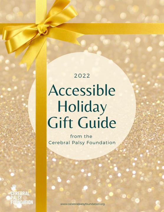 Accessible Holiday Gift Guide Book Cover with a gold bow and green lettering