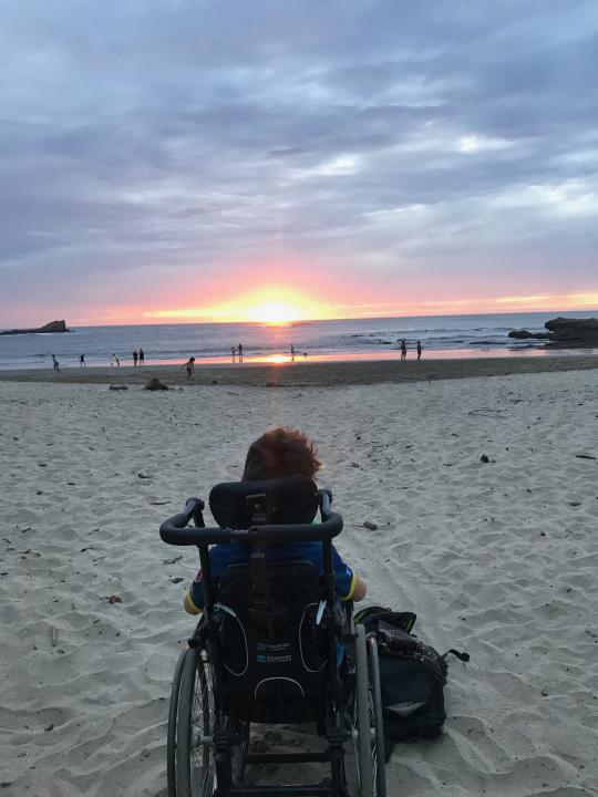 A person sitting in a wheelchair watching the sunset on the beach