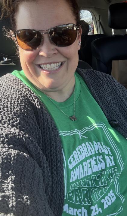 Stacy McNeely Selfie in her CP Awareness Day t-shirt