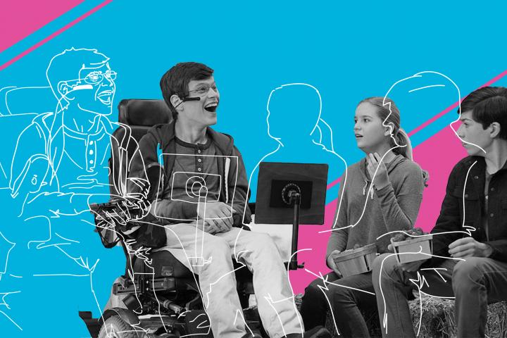 JJ Dimeo with on-screen siblings sharing a laugh and using AAC device