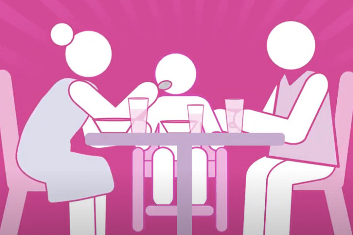 Representation of parents seated at a table feeding their child at the center