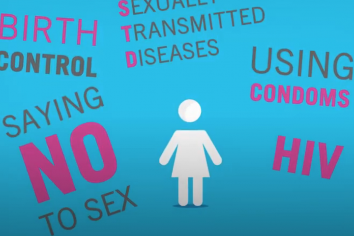 Representation of a woman surrounded by sexual education related text