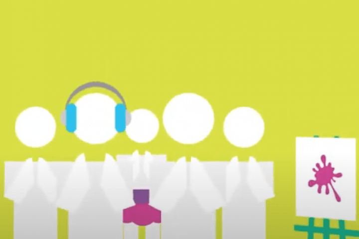 Representation of several people engaging in artistic activities such as painting, music, and dance