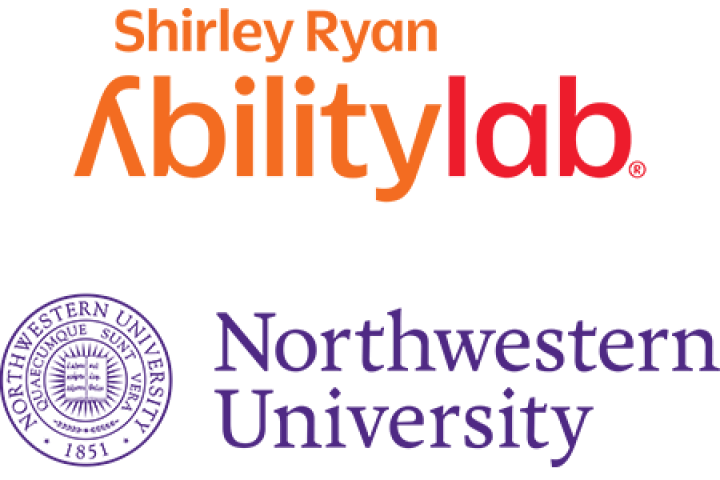 Shirley Ryan Ability Lab written in Orange Lettering over Northwestern University Written in Purple Lettering