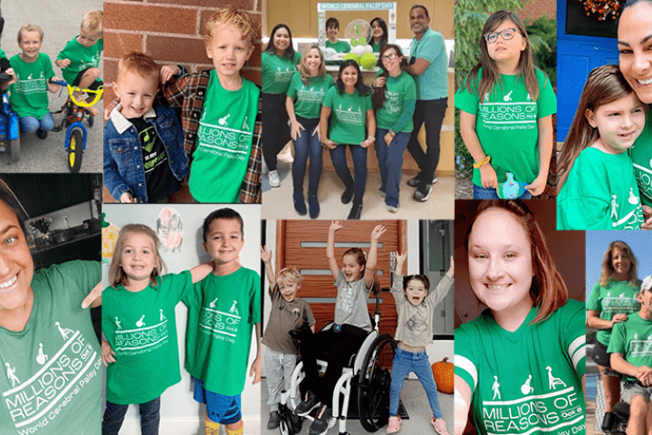 Collage of individuals wearing green shirts representing people with Cerebral Palsy and those who care about them.
