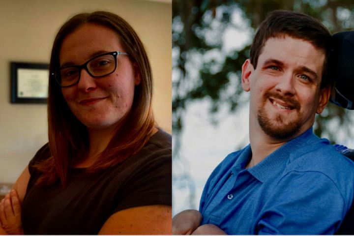Sarah Storck on left with long blond hair wearing glasses and a brown shirt, David Stoner on right with dark hair in a wheelchair wearing a blue shirt