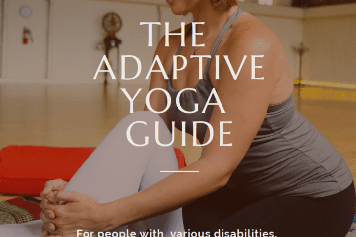 The cover image from the adaptive yoga guide showing Caroline Hughes practicing an assist in a yoga pose