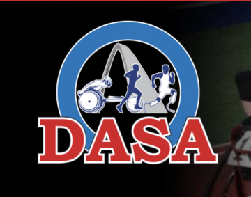 Blue Circle with a wheelchair and an adaptive runner over the words DASA