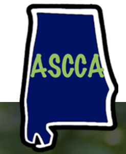 Logo for Camp ASCCA with a line drawing of the state of Alabama