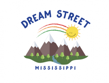 Logo for camp dream street with a rainbow and sunshine over the mountains