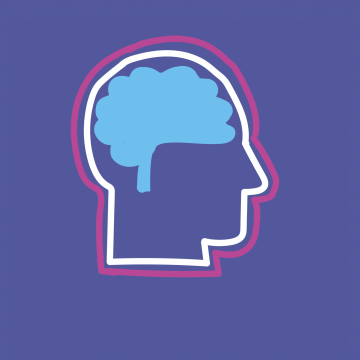 Outline of a person's head, with blue brain inside against dark purple background