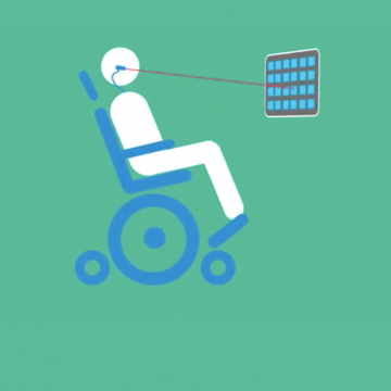Stick Figure sitting in wheelchair using laser pointer to communicate