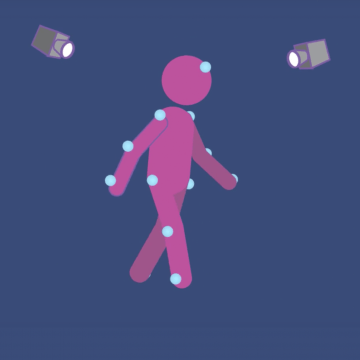 Stick figure against purple background with trackers and cameras on them to monitor their gait