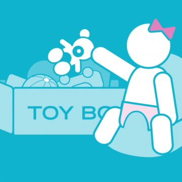 Drawing of child sitting down picking toys out of a box
