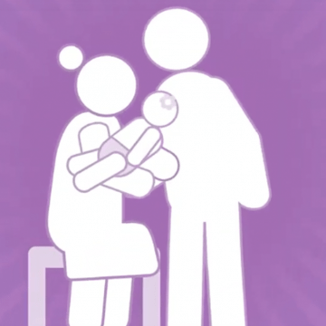 Stick figure drawing of two parents holding their child