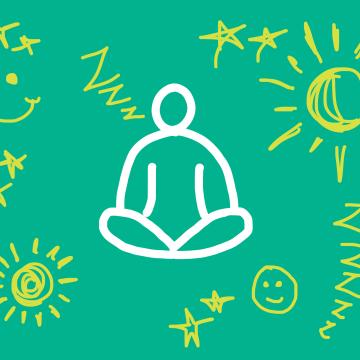 Drawing of a person meditating with doodles of suns and happy faces against a green background