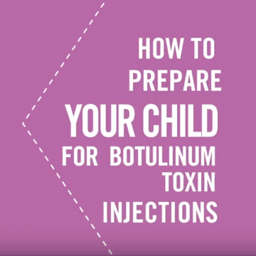 Infographic with purple background written in bold font with the words how to prepare your child for botulinum toxin injections