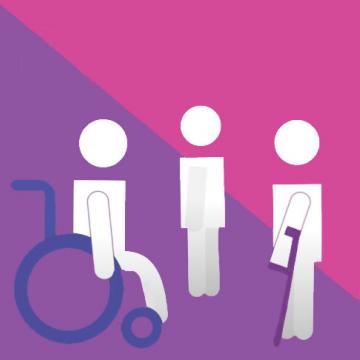 An image of three people on a pink and purple background