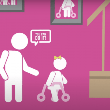 Representation of a parent cheering on their child with a text bubble above them that reads "You can do it!", while the child who uses a walker prepares to go up the stairs