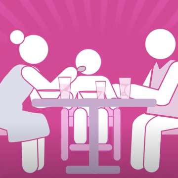 Representation of parents seated at a table feeding their child at the center