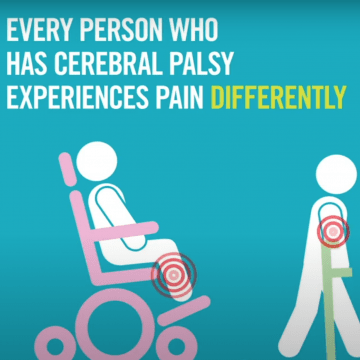 "Every Person who has cerebral palsy experiences pain differently" shown in text above a representation of two people, one in a wheelchair, the other using crutches