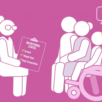 Illustration on pink background with a female clinician sitting across from a family including parents and a young girl in a wheelchair. There is a question mark in a speech bubble above the young girl and the clinician is holding a clipboard with the words growth, nutrition and body composition on it.