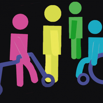 "People with Disabilities Also Have Diverse Sexualities and Gender Identities" is written in text above a representation of different people, some using wheelchairs, some using crutches, some standing without assistance. The representations of people are all in different colors reminiscent of the pride flag