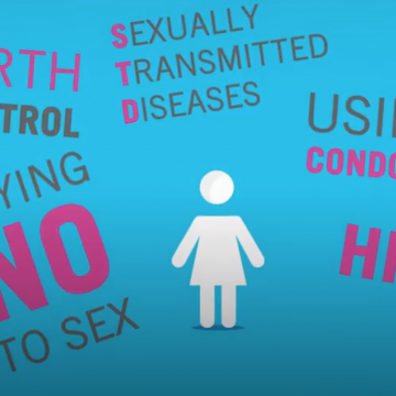 Representation of a woman surrounded by sexual education related text