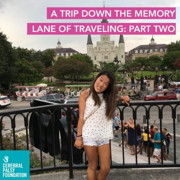 "A Trip Down the Memory Lane of Traveling: Part Two" in text above image of writer, Sarah Kim, in front of Jackson Square in New Orlean's French Quarter  