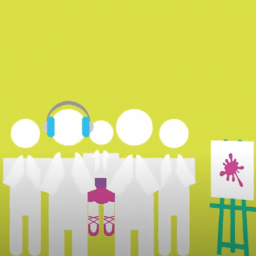 Representation of several people engaging in artistic activities such as painting, music, and dance