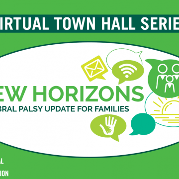 Logo for the New Horizons Virtual Town Hall Educational Series. Green Background with speech bubbles