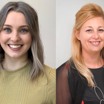 Photo of Madison Paton wearing a yellow sweater and Iona Novak wearing a black shirt on a grey background