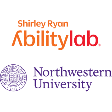 Shirley Ryan Ability Lab written in Orange Lettering over Northwestern University Written in Purple Lettering
