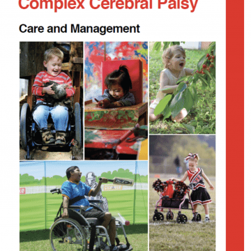 Book Cover with five photos of youth with cerebral palsy. Top left photo of a boy in a wheelchair wearing a red shirt holding a chicken, top middle photo of a young girl finger painting, top right photo of a toddler in a white dress sitting in the grass, bottom left photo of a teenaged boy wearing a blue shirt in a wheelchair playing baseball, bottom right photo of a girl wearing a black and red cheerleading uniform using a walker
