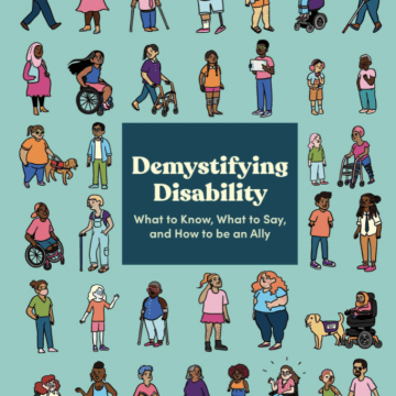 Book Cover: Demystifying Disability drawings of a variety of people over a blue background