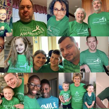 Collage of individuals and families with cerebral palsy wearing green t-shirts that say go green for CP