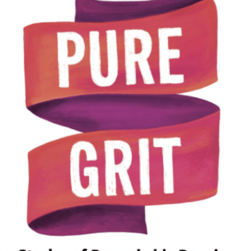 Pure Grit Book cover written in white over a red ribbon