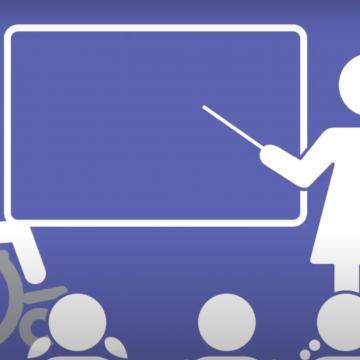 Graphic of a teacher in front of a chalk board with a child in a wheelchair observing