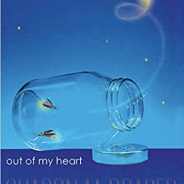 Book Cover with the title out of my heart by Sharon Draper written over a blue sky background with fireflies flying out of a jar.